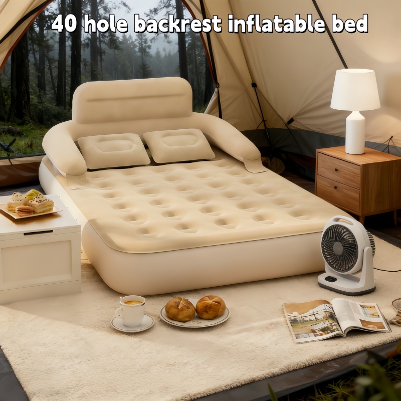 Outdoor Camping Mat - เตียงลมสำหรับตั้งแคมป์กลางแจ้งแบบพกพาสำหรับสองคน พร้อมพนักพิงและโซฟาเป่าลมแบบนุ่มสบาย ใช้เป็นเบาะลมสำหรับนอนพักผ่อนที่บ้านได้